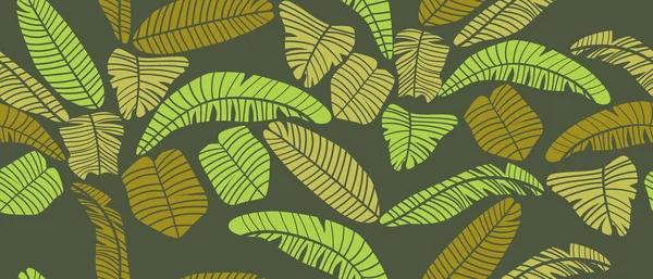 Schattierungen Grüner Blätter Tropischer Pflanzen Auf Dunklem Hintergrund Nahtloses Vektormuster — Stockvektor