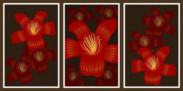 Helder Rood Bombax Ceiba Bloemen Muur Kunst Vector Set Voor — Stockvector