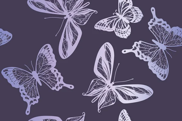 Papillons Lilas Ajourés Sur Fond Sombre Motif Vectoriel Sans Couture — Image vectorielle