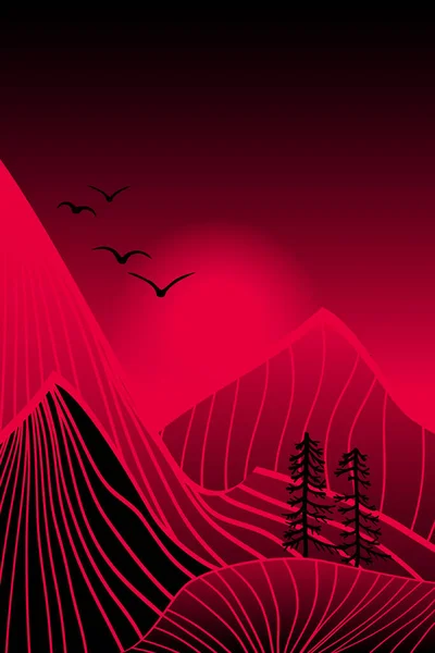 Vertikale Landschaft Berge Bäume Sonne Vogelschar — Stockvektor