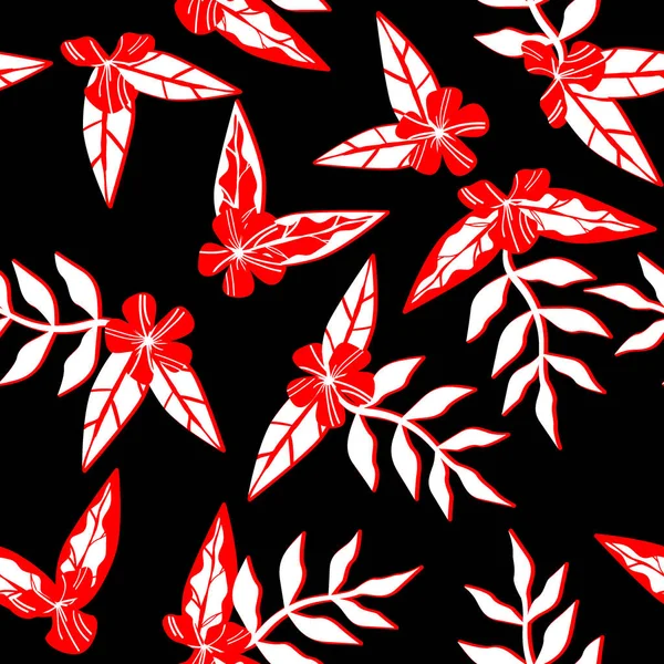 Tricolor Naadloos Patroon Rode Bloemen Witte Bladeren Een Zwarte Achtergrond — Stockvector