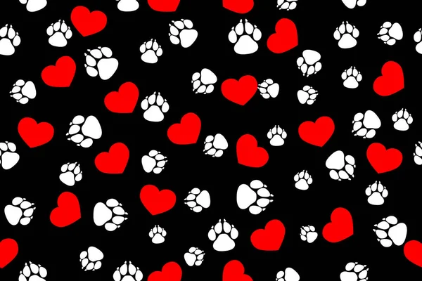 Witte Hondenvoetafdrukken Rode Hartjes Zwarte Achtergrond Driekleurig Naadloos Patroon — Stockvector