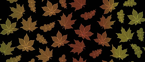 Feuilles Chêne Érable Châtaignier Sur Fond Noir Motif Vectoriel Sans — Image vectorielle