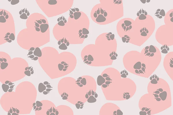 Серые Следы Собаки Розовые Сердца Светлом Фоне Трехцветный Бесшовный Узор — стоковый вектор
