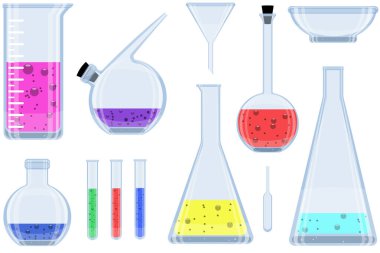 Cam set - kase, test tüpleri, pipet, huni, kimya laboratuvarı için renkli sıvılarla dolu mataralar