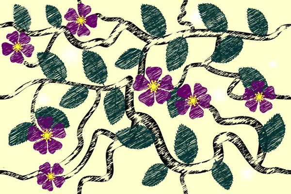 Nahtlose Musterzweige Eines Blühenden Apfelbaums Stilisiert Als Bleistiftzeichnung — Stockvektor
