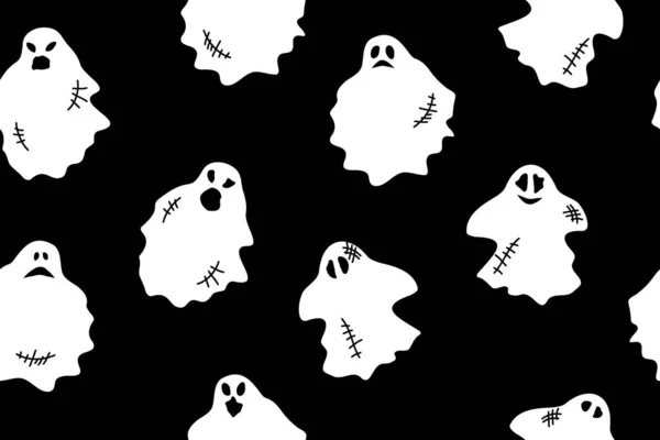 Ghosts Black Background Seamless Vector Pattern — Stock Vector