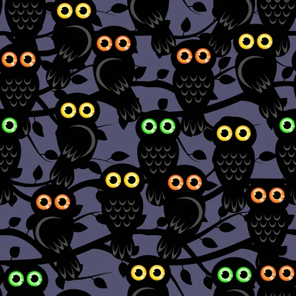 Many Owls Night Forest Look Shining Eyes Seamless Vector Pattern — Stock Vector