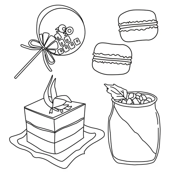 Illustrazione Vettoriale Del Set Dessert Line Art Contorni Neri Sfondo — Vettoriale Stock