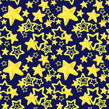 Koyu mavi arka planda izole edilmiş suluboya yıldızlı kusursuz desen. Şablon, tekstil, kumaş, ambalaj kağıdı, mevcut koleksiyon defteri.