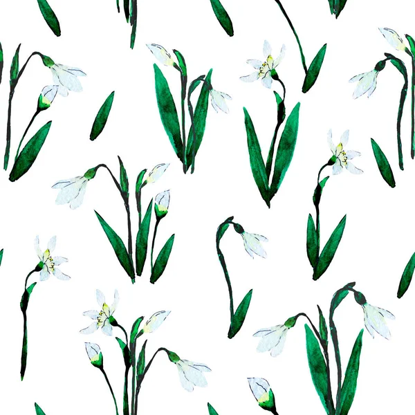 Seamless Pattern Watercolor Hand Drawn Snowdrops Fabric Textile Paper Banner — Stock Photo, Image