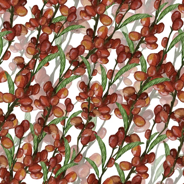Seamless pattern with hand drawn watercolor branches with raw cofee beans for textile, fabrick, background, scrapbooking, paper etc.