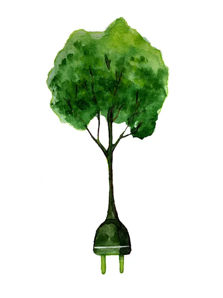 ラベル アイコンテックのルーツではなく プラグで緑の木としてエネルギーを節約する手描きのアイデアの水彩イラスト — ストック写真