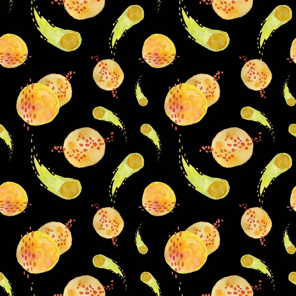 Seamless pattern with hand drawn watercolor imagenary planets and comets on black background for textile, fabric, paper, baner, linin etc.