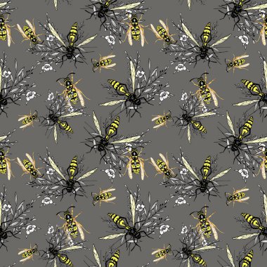 Eşek arıları ve çiçeklerle desen