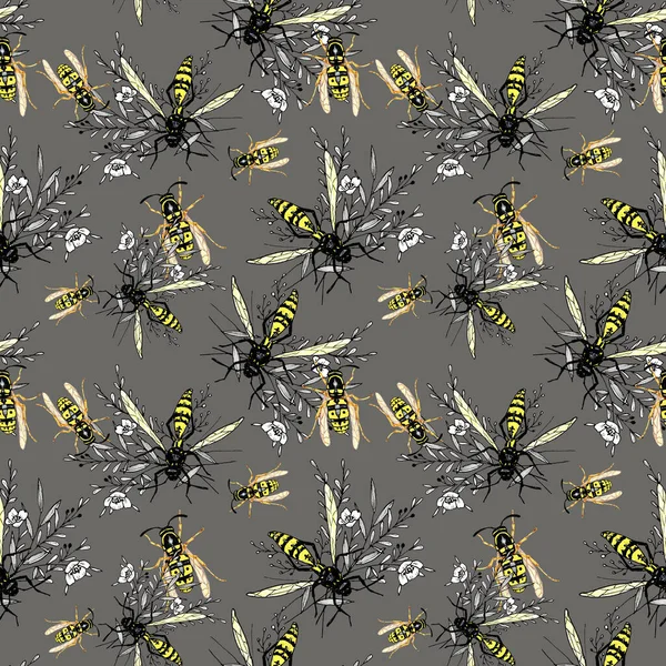 Padrão com vespas e flores — Fotografia de Stock