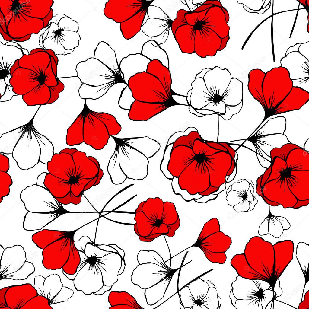 Seamless pattern with hand drawb red popppies and floral outlines on white background for Mother's day, Remembrance day, events and celebrations as well as for fabric, tixtile and typography.