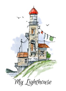 El çizimi deniz feneri suluboya çizimi