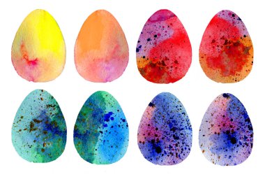Watercolor illustration of colorful Easter eggs with spots and dots isolated on white background for Easter celebration as symbol of resurrection and new season