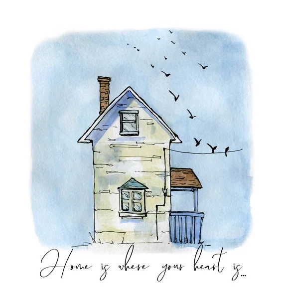 Watercolor Illustration Han Drawn Rural House Birds Blue Cards Typography — Zdjęcie stockowe