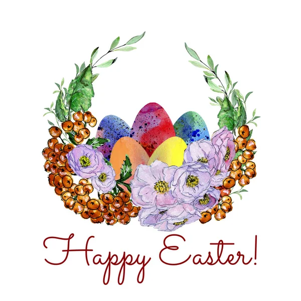 Watercolor Illustration Easter Eggs Composition Flowers Petals Rowan Berries Easter — Stock Fotó