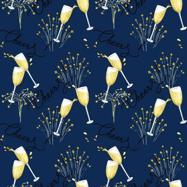 Безшовний Візерунок Намальованими Акварельними Келихами Шампанського Феєрверками Темно Синьому — стокове фото