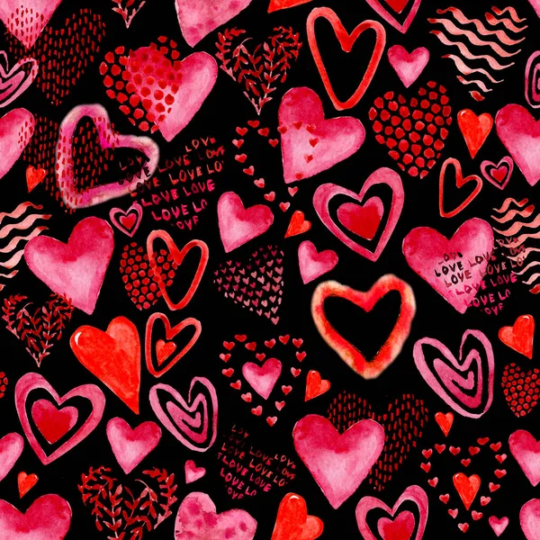 Бесшовный Фон Нарисованными Руки Акварельными Сердцами День Святого Валентина Годовщину — стоковое фото