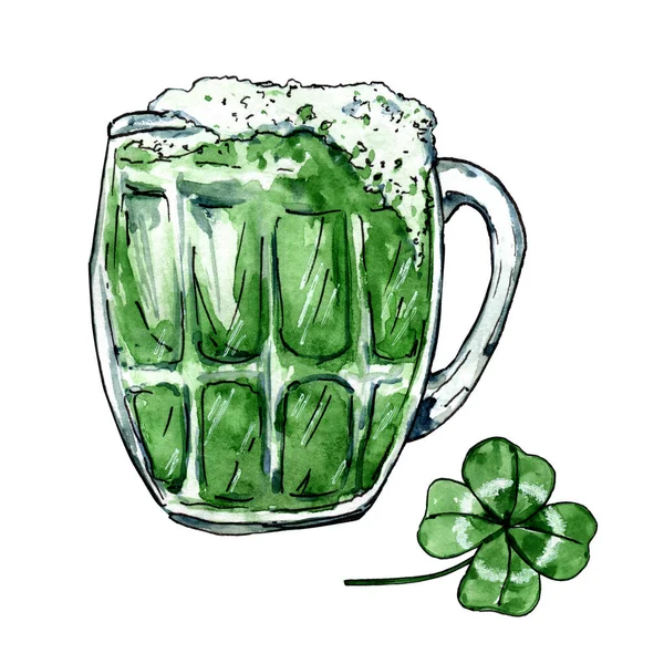 Groen bier en shamrock schets — Stockfoto