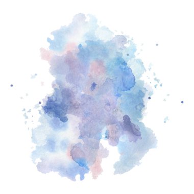 Beyaz arkaplanda izole edilmiş açık mavi ve mor renklerin el çizimi suluboya lekesi