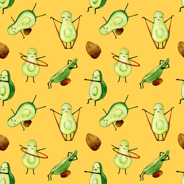 Avocado funny hand drawn watercolor character doing sport exercises on yellow background seamless pattern