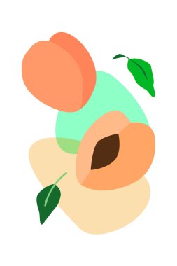 Beyaz arkaplan vektör tasarımı EPS10 üzerinde soyut şekiller ve yeşil yapraklar çizilmiş bir kompozisyonda düz şeftaliler