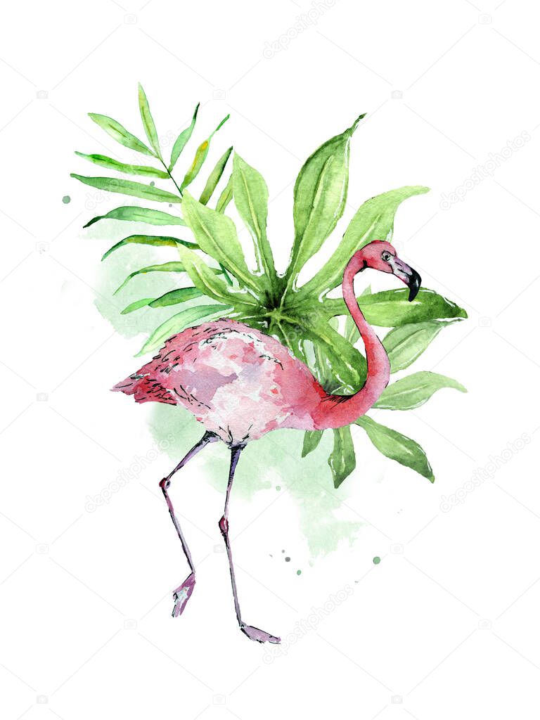 Flamingo on watercolor hand drawn tropic leaves and airy stains composition on white background