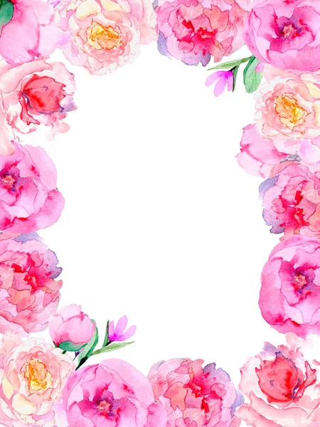 Pembe şakayık çiçekli el beyaz arka planda suluboya çerçeve tasarımı