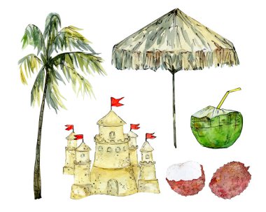 Tropikal plaj dinlenme sembolleri ve nesneler elle çizilmiş suluboya seti beyaz arka planda izole edildi