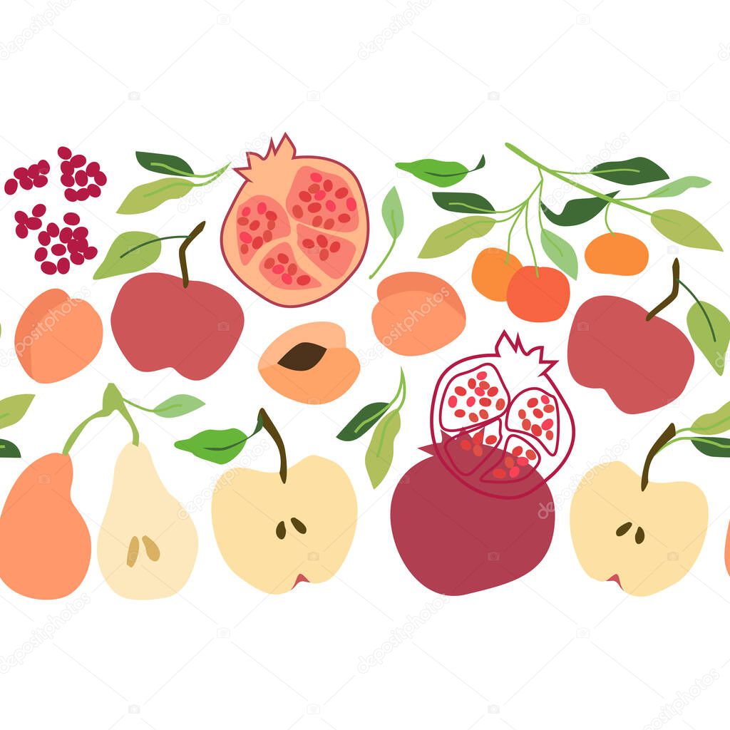 Peach and red fruit hand drawn seamless vector border on white background EPS10