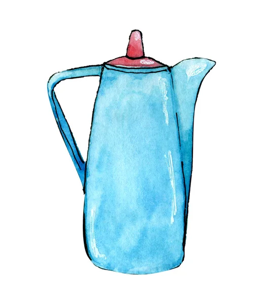 Blaue Teekanne mit rotem Einband Aquarellskizze — Stockfoto