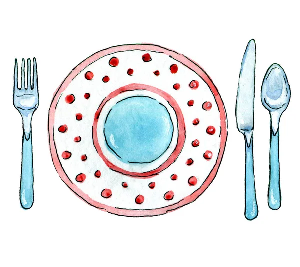 Assiette avec couverts croquis aquarelle dessiné à la main — Photo