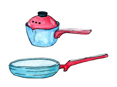 Stew and frying pans hand drawn watercolor clip art pair isolated on white background