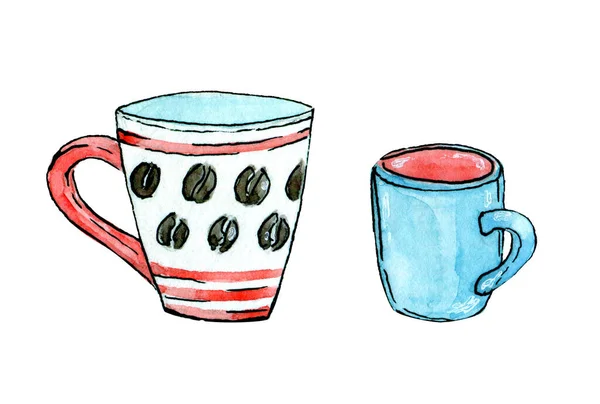 Ceramic Hand Drawn Mug Cup Watercolor Clip Art Isolated White — Photo
