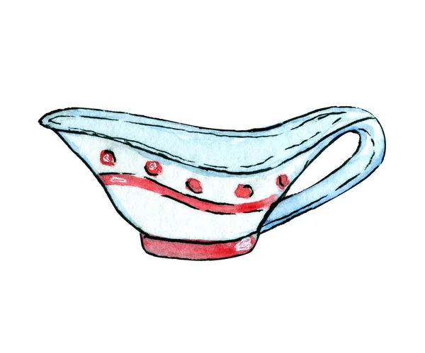 Single Ceramic Sauce Boat Hand Drawn Watercolor Clip Art Isolated — Stock Photo, Image