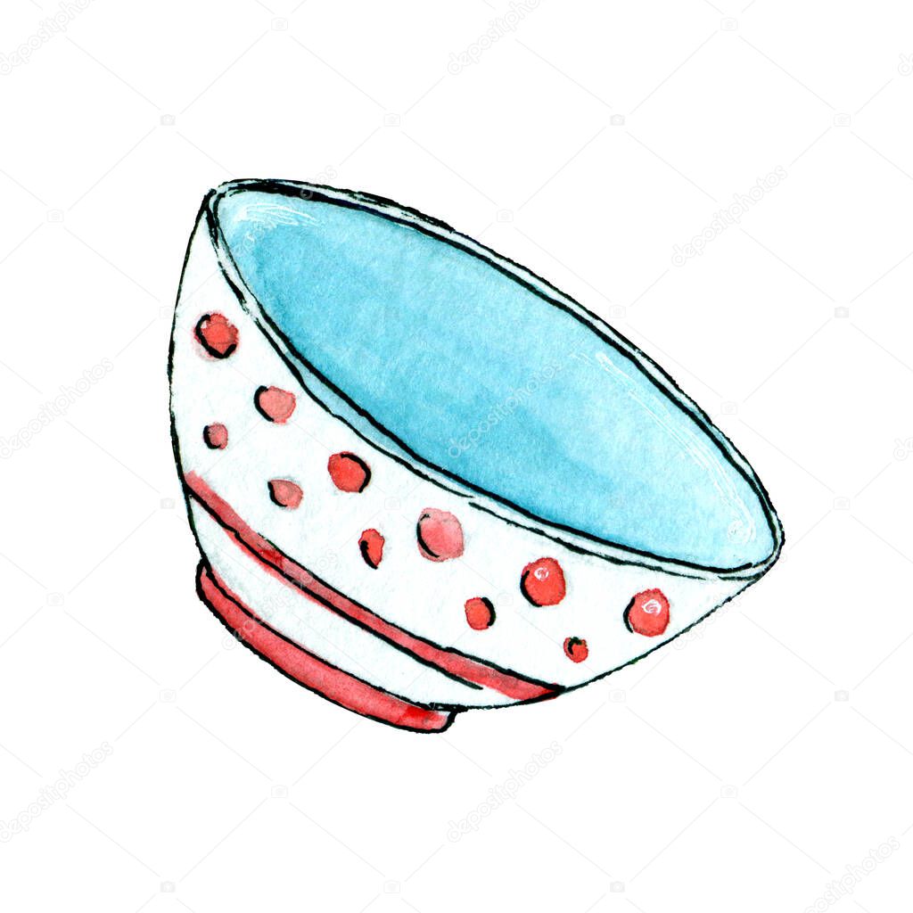 Single empty ceramic bowl hand drawn watercolor clip art isolated on white background
