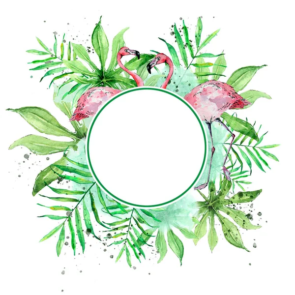 手描きの水彩パームとアラリアの葉と白い背景に隔離されたフラミンゴを持つ熱帯の丸いフレーム — ストック写真