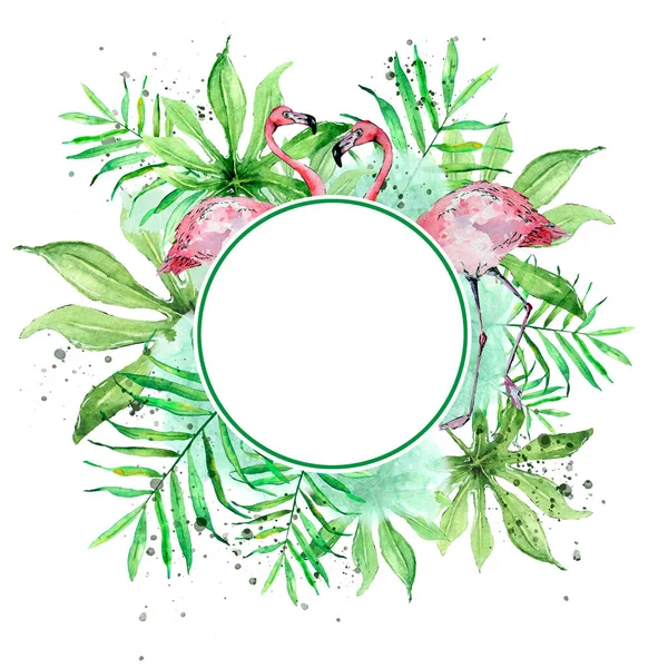 Cadre Rond Tropical Avec Palmier Aquarelle Dessiné Main Feuilles Aralia — Photo