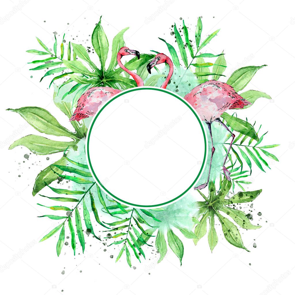 Tropic round frame with hand drawn watercolor palm and aralia leaves and flamingoes isoalted on white background