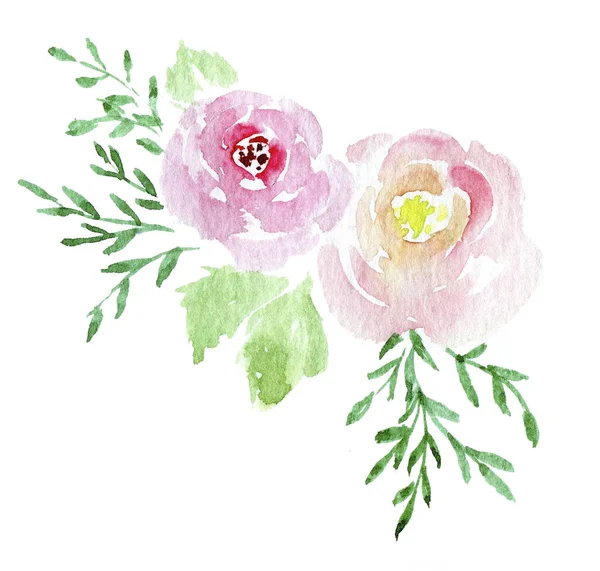 Duas rosas soltas com folhas clipart aquarela — Fotografia de Stock