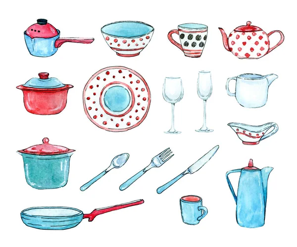 Set di utensili da cucina ad acquerello clip art — Foto Stock