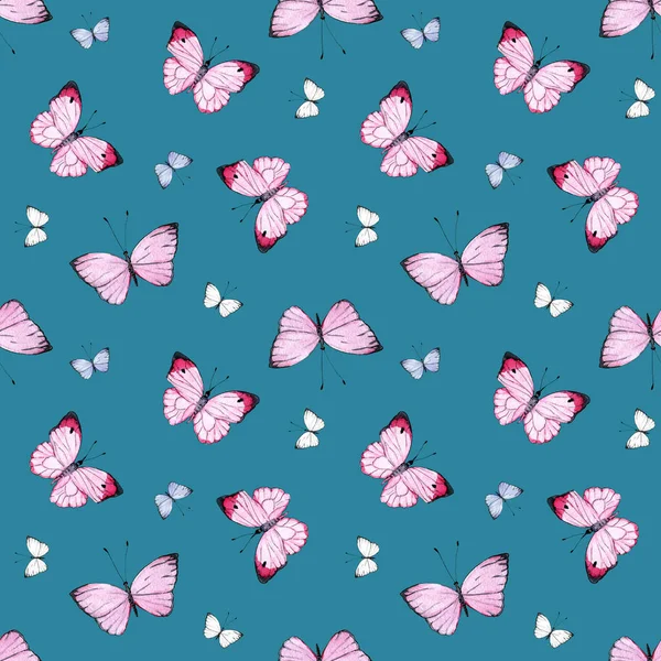 Patsel motýli na modré bezešvé vzor design — Stock fotografie