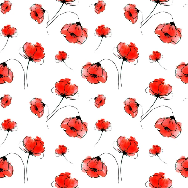 Poppies seamless pattern hand drawn watercolor design — Stock Photo, Image