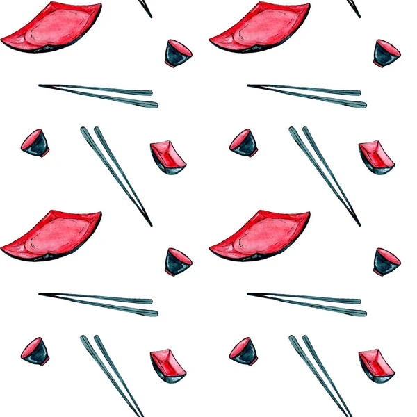 Asian kitchen tools seamless watercolor pattern design — Stock Photo, Image