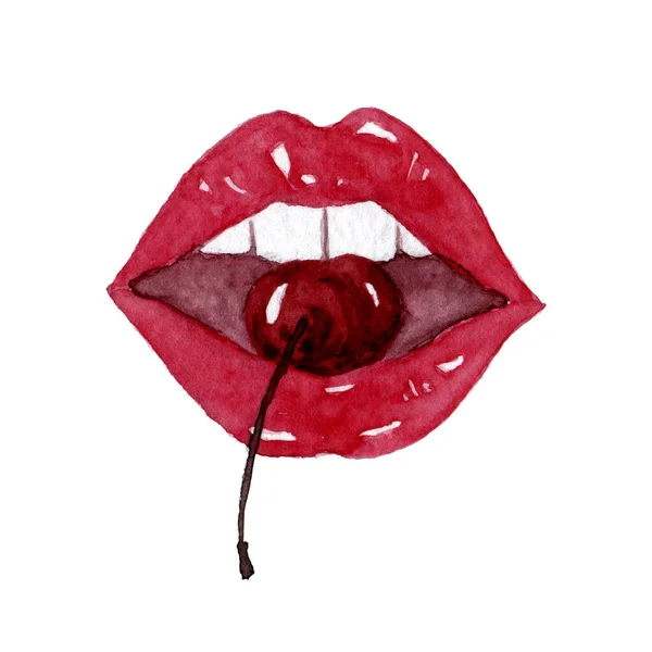 Mund mit rotem Lippenstift und Kirsche innen — Stockfoto
